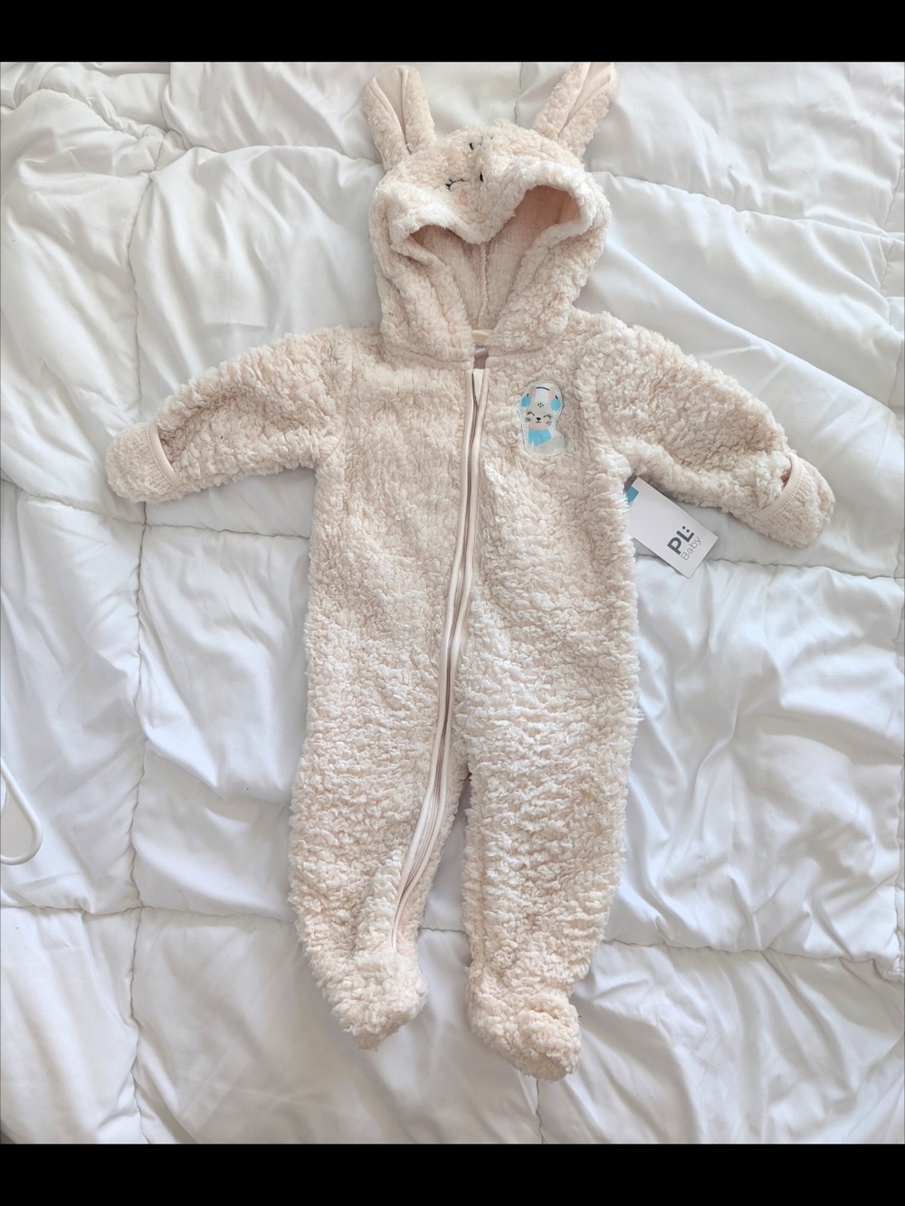 Petit Lem Plush Bunny Hooded Footed One-Piece - Pale Blush
